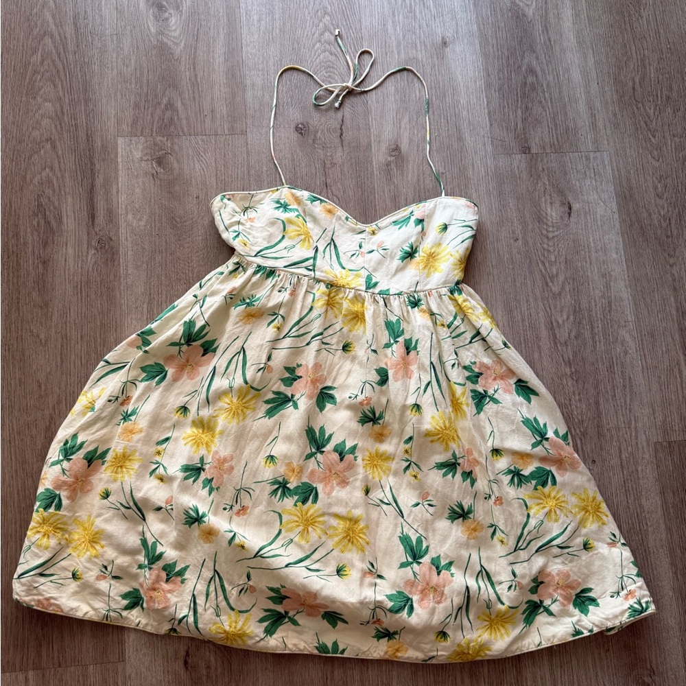 mon renn etherial floral garden party lace up halter sweetheart flare mini dress